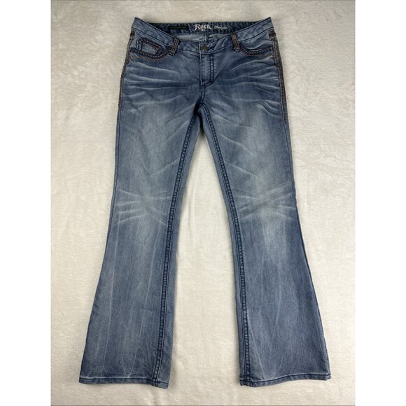 Wrangler Rock 47 Ultra Low Rise Jeans Women’s 11 X 34 Thick Stitch Flare Flap - Picture 1 of 10